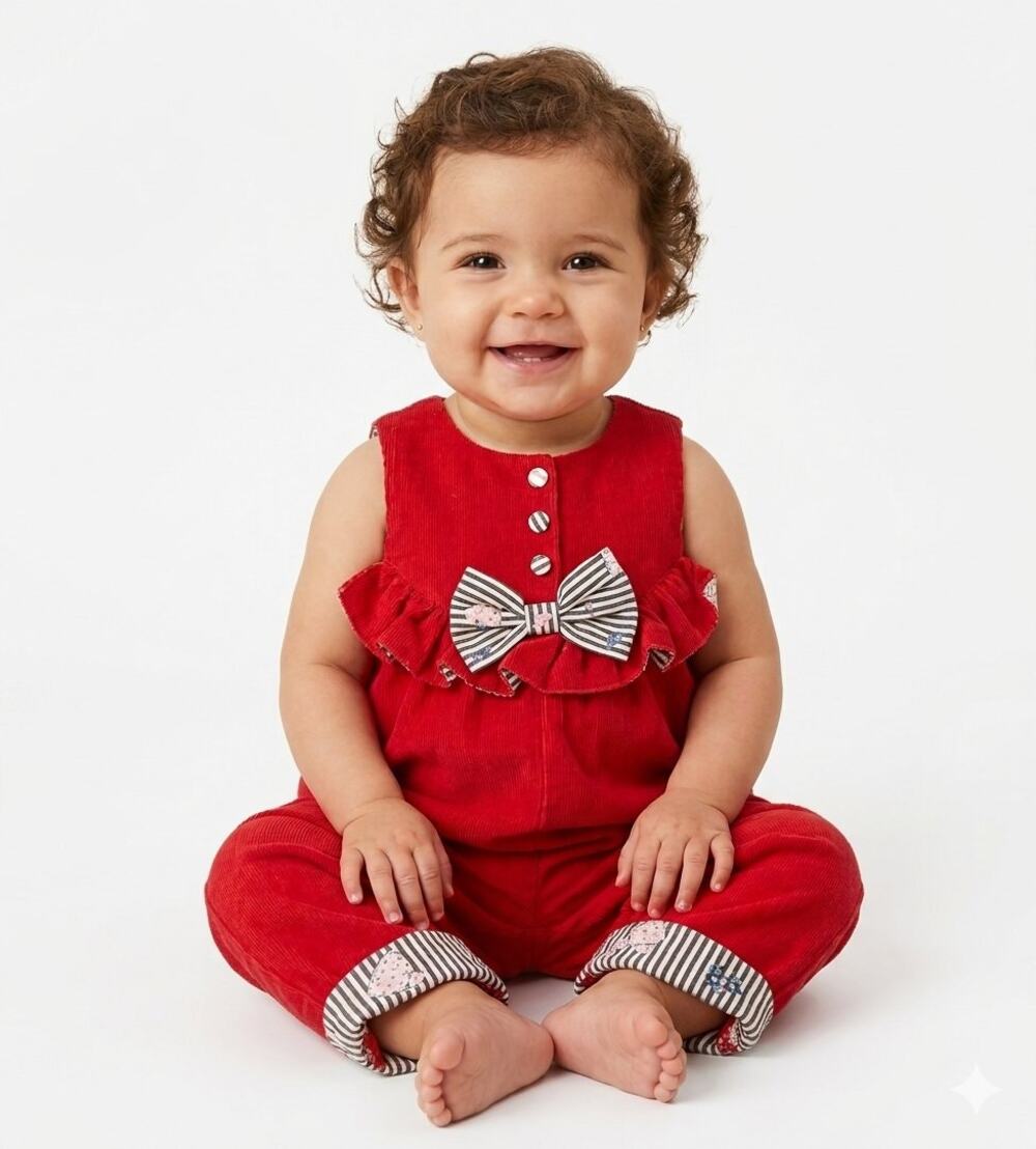 Vintage Red Corduroy Overalls Baby Girls 12 Months Black White Print Cuffs Bow
